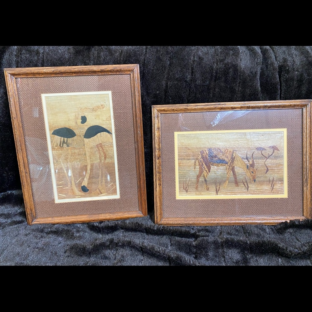 2- 11 x 14 framed art of Ostrich & Antelope. Art made of bananas leaves, burlap